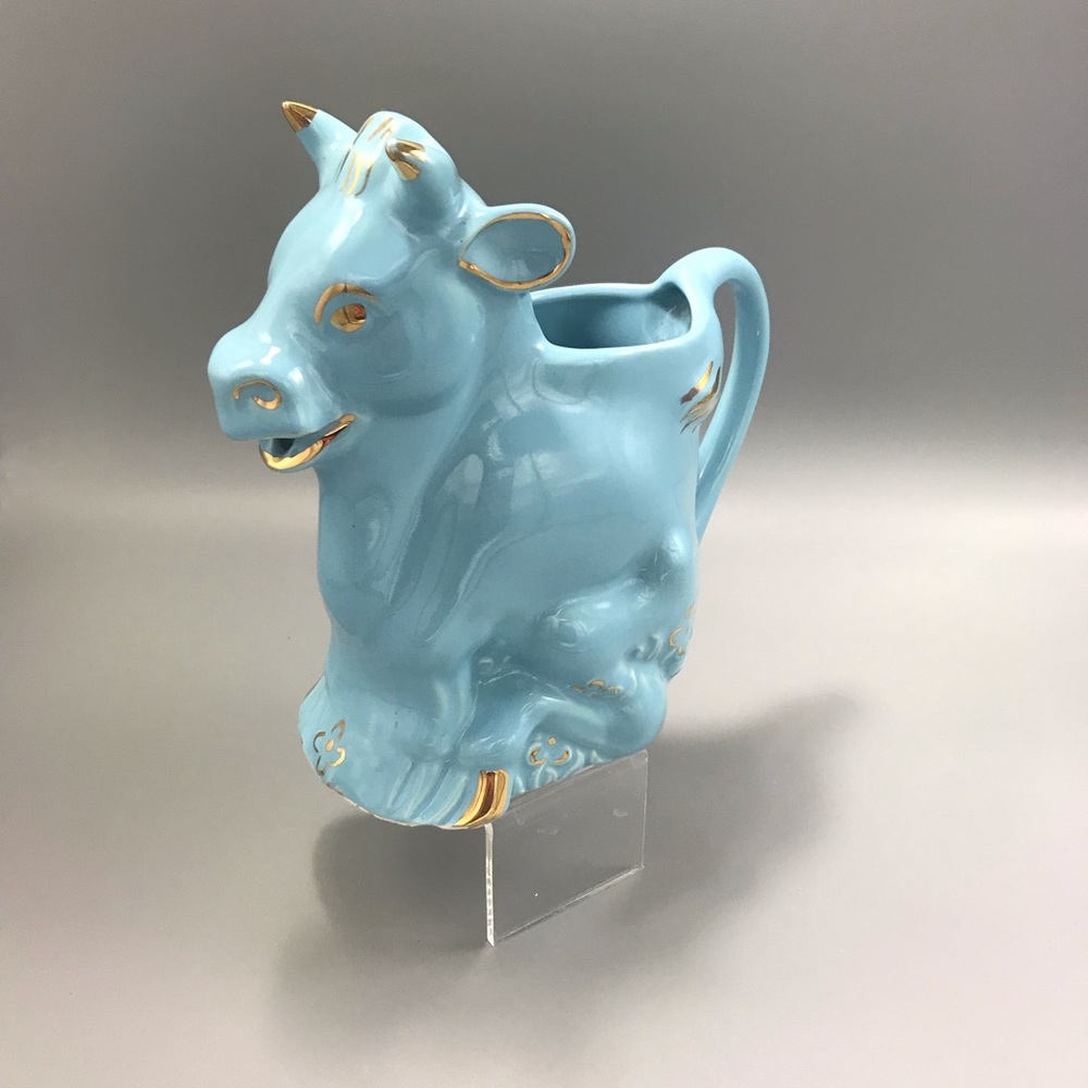 HTF Vintage Blue Cow Creamer. 22 Kt gold accents